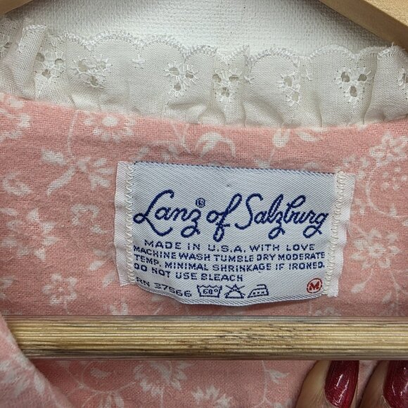 Lanz Of Salzburg Vintage Nightgown Pink Floral Flannel White Eyelet Size Small - Picture 4 of 8